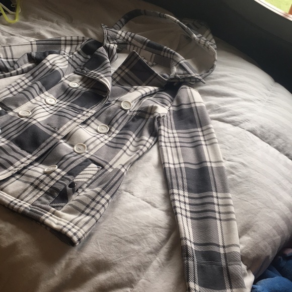 Plaid Collared Pea Coat - Picture 2 of 3